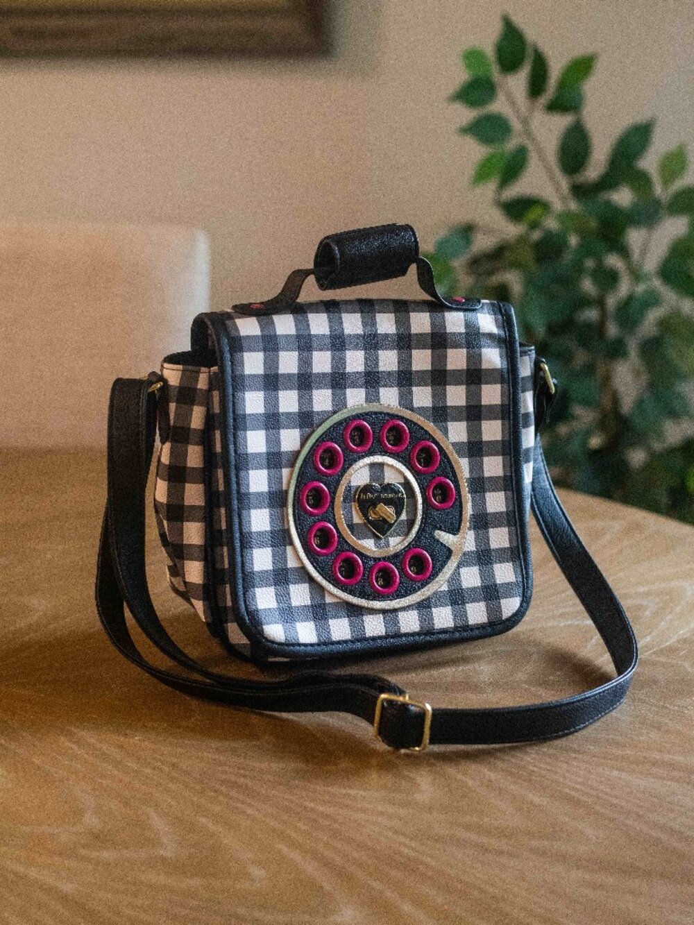 Betsey Johnson Gingham Rotary Phone Crossbody Bag Purse